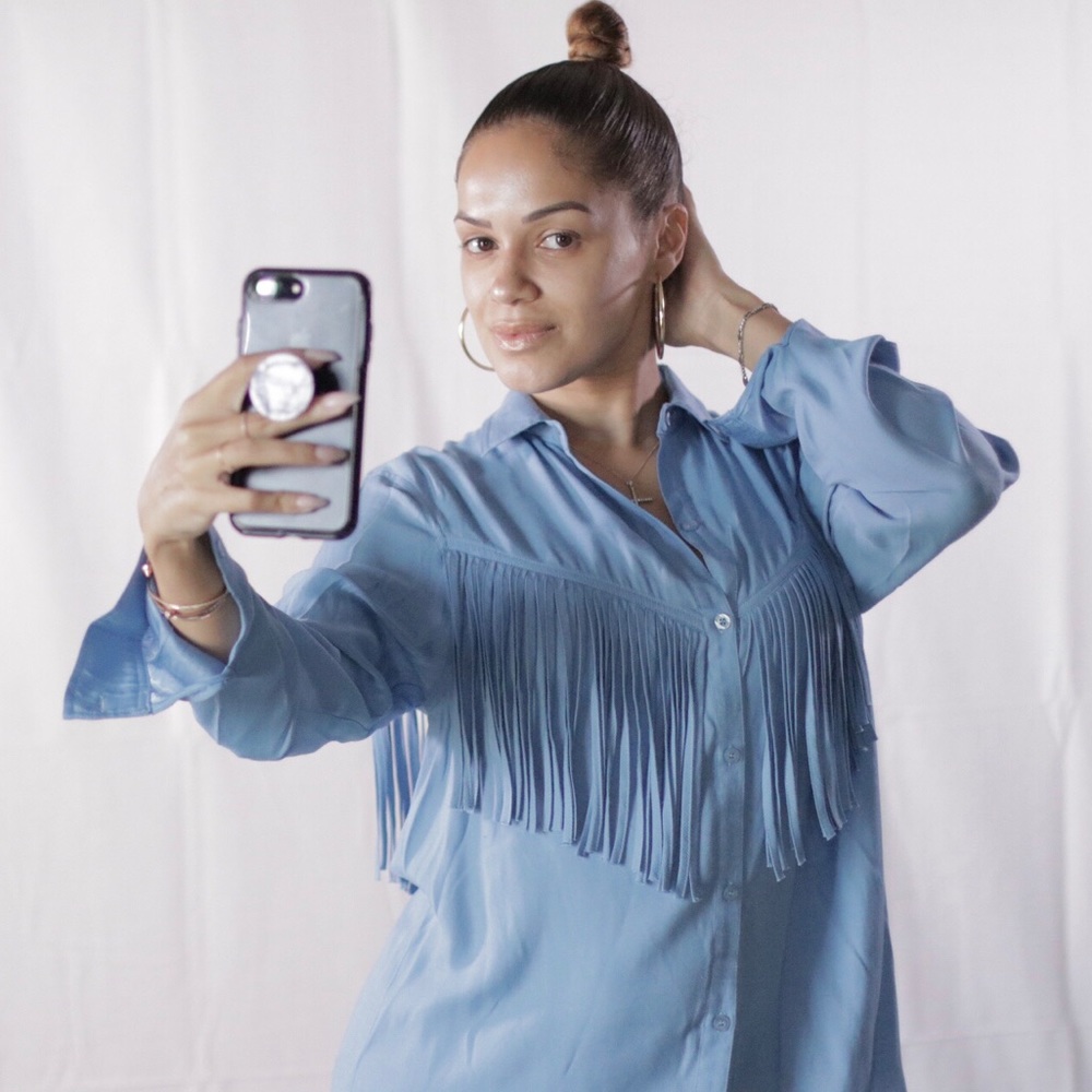 Torn by Ronny Kobo Lola Blue Fringe Long Sleeve S
